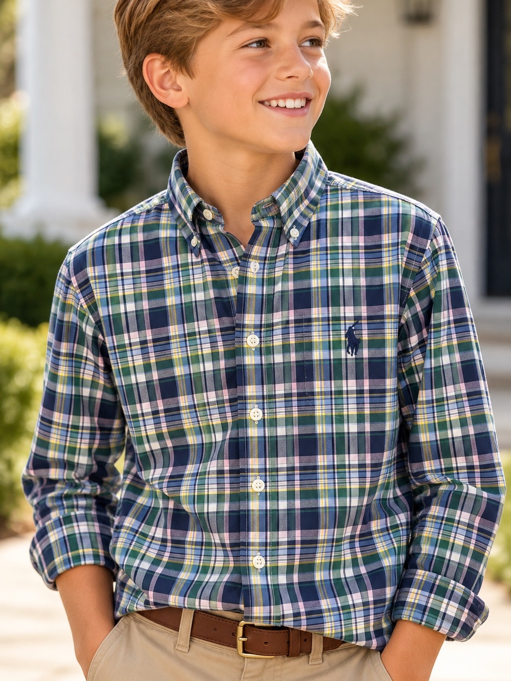 Ralph Lauren Boys M 10-12 Plaid Button Down Shirt Green Blue Pink Pony Preppy